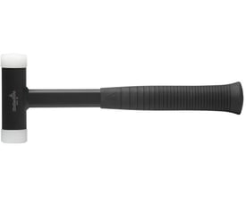 Set fra oven: Hultafors rekylfri hammer STFS60 med sort gummihåndtag og hvide nylonbaner.