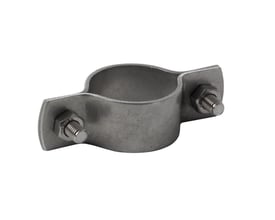 Syrefast rørholder i 316 stål til 50,8 mm rør med bolt og møtrik på hvid baggrund.