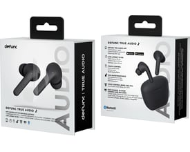 DeFunc True Audio trådløse headset i sort, vist på produktemballagen med detaljer om funktioner og teknologi.