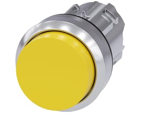 Siemens 22 mm trykknap i metal med højglans finish og forhøjet gul betjeningsflade, vist på hvid baggrund.