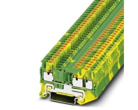 Tættere visning af Phoenix Contact PT 2,5-TWIN-PE jordklemme, fremviser push-in mekanismen og gul/grønne farvevariationer.