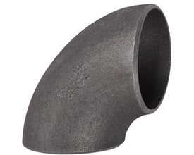 Indura svejsebøjning på 33,7 x 2,6 mm med 90 graders bøjning, set skråt forfra med åbningen synlig.