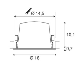 Teknisk tegning af SLV NUMINOS® DL XL indbygningsspot, viser installationsmål med diametre og dybder.