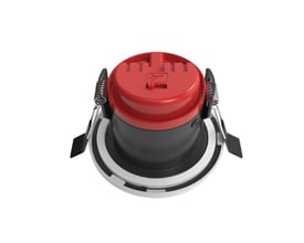 Ansell Lighting Prism Pro downlight hus med rød og sort plastikdetalje og monteringsklemmer.