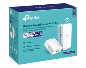 TP-LINK TL-WPA7517 KIT V1 WiFi Powerline adapter kit i hvid med blå detaljer, 1000Mbps, AC750 WiFi, og GigE LAN port.