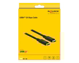 DeLock USB4™ 20 Gbps kabel på 2 meter i original gul emballage med tydeligt logo og specifikationer vist.
