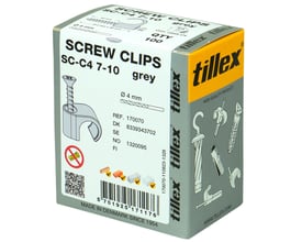Pakke med 100 stk. Tillex Skrue Clips CS-C4 7-10 til grå rund ledning, der viser produktillustration og C4 skrue.