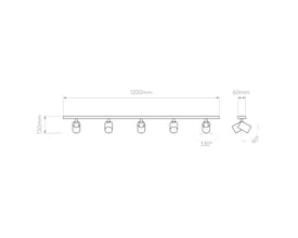 Teknisk tegning af Astro Ascoli Five Bar loftlampe, der viser dimensioner: 1200mm bredde, 130mm højde, 60mm dybde og 330°/90° rotationsvinkler.