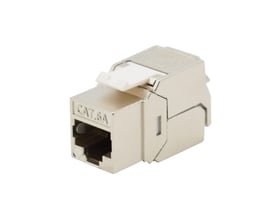 Modulær jack KAT6A FTP RJ45 med toolless design, op/ned version, i hvid og metallisk farve, isoleret på hvid baggrund.