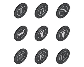 Grohe trykknapsæt med 9 knapper i Frosted Granite finish, vist med forskellige symboler for funktioner.