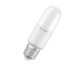 Ledvance LED stick-lyskilde med mat, hvid stavformet skærm og E27-fatning, vist skråt forfra.