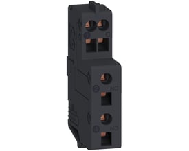 Detaljeret billede af Schneider Electric hjælpe/signalkontakt 1NO-1NC, viser skrueklemmer og mærkningerne 1, 2, 4.