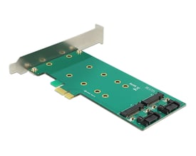 DeLock PCI Express kort med to M.2 SATA porte og standard PCI-E stik på en hvid baggrund.