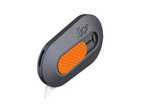Slice standard minikniv 10515 i mørkegrå med orange greb og et hvidt keramisk blad, der stikker ud.