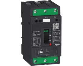 Schneider Electric TeSys GV4LE115S motorværn på DIN-skinne, 115A indstillingsområde, med grøn afbryderarm og tydelige mærkninger.