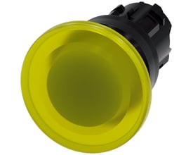 Siemens oplyst paddetrykknap i gul, rund plastik med 40 mm aktuator og 22 mm monteringsdiameter på hvid baggrund.