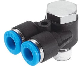 Festo Y-forskruning QSYLV-1/8-6 med to blå push-in tilslutninger og en sekskantet metalgevind. Monteringsdetaljer er synlige på den sorte plastkrop.