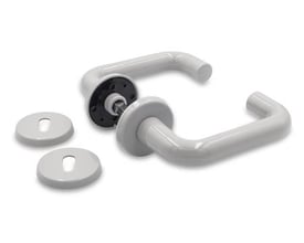 Jasa Company Merkur dørgreb i grå plast med to rosetter og et synligt monteringsbeslag.