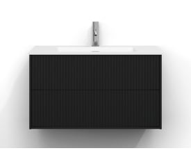 Svedbergs Epos Svall underskab på 80 x 45 cm i sort ask med to profilerede skuffer under en hvid håndvask.