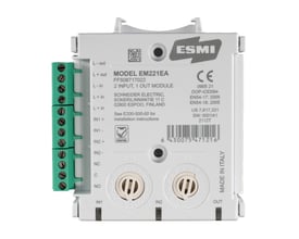 Schneider Electric EM221EA modul med 2 overvågede indgange og 1 potentialfri styreudgang monteret på DIN-skinne, fremstillet i Italien.