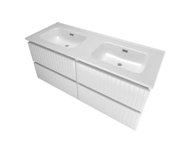 Sanibell Proline møbelsæt i hvid højglans med 121 cm bredde, 4 grebsfrie softclose skuffer og dobbelt porcelænsvask.