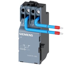 Siemens underspændingsudløser UVR 3VA9 til 24V DC, vist med blå ledninger og termineringer. Mærket med Siemens logo og modelnummer.