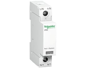 Schneider Electric A9 iPRD 8 overspændingsafleder, 1-polet 350V, hvid med mærke og symboler for tilslutning.