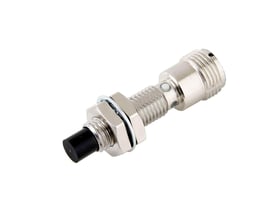 Nærbillede af Omron induktiv sensor E2E-X4MB1T8-M1, viser sort detekteringsstift, rustfri stålhus og M12 konnektor.