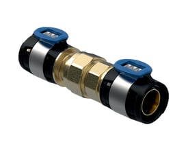 Geberit FlowFit union 16mm i blyfri siliciumbronze med blå koblingsdetaljer og blank metalfinish.
