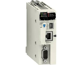 Schneider Electric Modicon M340 CPU-enhed med Modbus og CANopen-porte, samt statusindikatorer og USB-tilslutning.