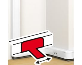 Legrand samling til gulvkanal, illustreret med en rød pil, der viser montering på et 50x12 mm eller 92x20 mm kanal system.