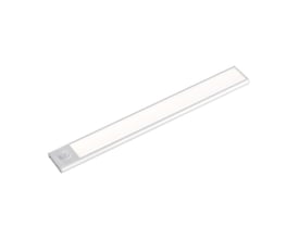 V-TAC 1,5W LED skabslys med PIR sensor, sølvfarvet aluminiumshus og 3000K varmt hvidt lys på en hvid baggrund.