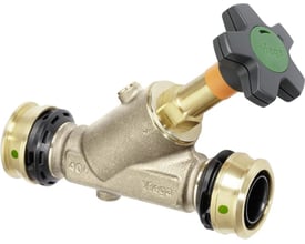 Detaljeret billede af Viega Easytop skråsædeventil 25mm, der viser rødgods materialet og Raxofix prestilslutningerne.