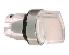 Bagfra og siden af et hvidt Schneider Electric Harmony Style 4 drejegreb med integreret lys og kromring.