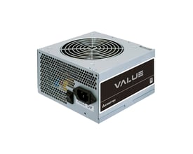 Chieftec ATX 500W PSU i sølv med 12 cm blæser og 80+ 230V EU certificering, vist på hvid baggrund.
