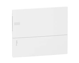 Schneider Electric MiniPragma afdækning til 12 moduler, helt hvid front og gennemsigtig låge, isoleret på hvid baggrund.