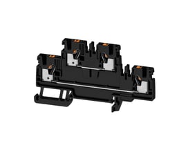 Sort Weidmüller A2T 2.5 gennemgangsklemme med to etager, orange push-in-markeringer og synlige metaltilslutninger.