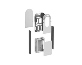Schneider Electric Metal kit Pro AC til jordmontering, vist som adskilte dele med ramme, monteringsplade og paneler.