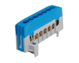 Pollmann Elektrotechnik Nulklemme N12-F2 i grå og blå farver, med otte skrueklemmer til 12x16mm2 ledere.