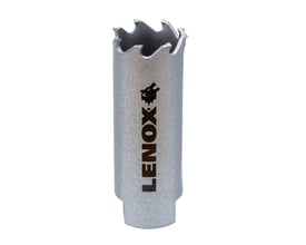 Nærbillede af Lenox 25mm hulsav, der viser mærkets logo og wolf-symbol tydeligt trykt på siden.