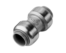 Roth samlemuffe i rustfri stål med 18 mm diameter, fremviser indstiksfittings-design og grå indvendig pakning.