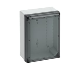 Spelsberg Geos-L kabinet i grå polycarbonat med transparent låg, 300x400x180 mm, vist på hvid baggrund.