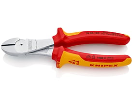 Detaljebillede af Knipex sidebidetang 7406-180 VDE 1000V, med fokus på de hærdede præcisionsskær og logo.