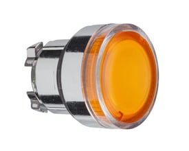 Nærbillede af Schneider Electric orange lampetrykhoved med en blank metalring og gennemsigtig plastafdækning, klar til montering.