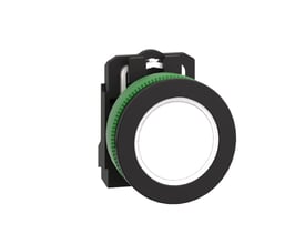 Schneider Electric signallampe Flush XB5F LED med rundt hvidt frontstykke og sort hus. Lampen har en grøn ring og er planmonteret.