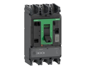 Detaljeret frontbillede af Schneider Electric ComPacT NSX400R maksimalafbryder, viser 250A mærkestrøm og justerbare beskyttelsesindstillinger på MicroLogic 2.3 enheden.