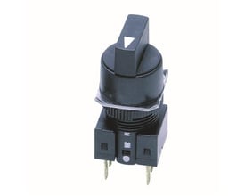 Omron A165S-T2M vælgerkontakt med sort håndtag og hvid pil på hvid baggrund.