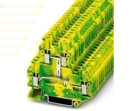 Phoenix Contact UTTB 4-PE jordklemme i grøn/gul med skruetilslutning, viser bredden på 6,2 mm og montering på DIN-skinne.