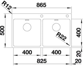 Detaljeret teknisk tegning af Blanco Andano 400/400-IF/A MXI køkkenvask med dimensioner i millimeter for bredde, dybde og kummer.