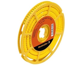 Weidmüller CLI C 2-4 gul ledningsmærke på en gul spole, designet til kabler mellem 2,5mm² og 4mm².